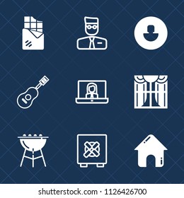 Premium set of outline, fill vector icons. Such as safety, home, grill, guitar, lock, snack, white, curtain, estate, web, cooking, real, window, business, security, music, call, user, brown, dessert