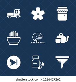 Premium set of outline, fill vector icons. Such as nature, jam, service, vitamin, fish, play, health, clean, flower, air, transport, honey, filter, delivery, food, drink, seafood, medical, sea, music