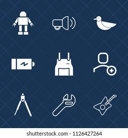 Premium set of outline, fill vector icons. Such as user, wildlife, flight, black, futuristic, equipment, apron, repair, chef, electricity, uniform, communication, technology, energy, machine, speaker