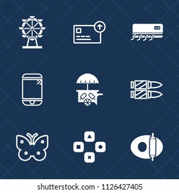 Premium set of outline, fill vector icons. Such as travel, air, food, nature, carousel, holiday, finance, mobile, horizontal, weapon, ferris, fly, phone, computer, vehicle, eye, military, money, play