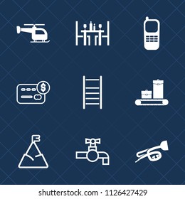 Premium set of outline, fill vector icons. Such as bank, plate, tap, telephone, stationary, music, office, transportation, aviation, flight, air, blue, dinner, transport, food, helicopter, credit, sky