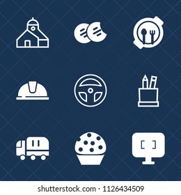 Premium set of outline, fill vector icons. Such as white, screen, delivery, transport, monitor, building, equipment, food, truck, car, sweet, snack, industrial, tasty, tool, computer, kid, nutrition