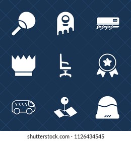 Premium set of outline, fill vector icons. Such as achievement, winner, left, pointer, comfortable, alien, ufo, armchair, move, cap, headwear, racket, extraterrestrial, pong, air, tennis, play, sport