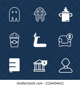 Premium set of outline, fill vector icons. Such as history, modern, cafe, banking, profile, food, night, couch, business, interior, culture, ghost, notebook, bottle, sport, cup, egyptian, plastic, gym