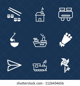Premium set of outline, fill vector icons. Such as sushi, roll, fish, blossom, soup, railway, war, train, communication, architecture, glasses, message, spoon, sea, nature, ship, military, transport