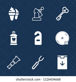 Premium set of outline, fill vector icons. Such as cd, system, key, strawberry, download, cone, health, door, house, hotel, night, dinner, white, care, communication, science, sky, sweet, label, ice