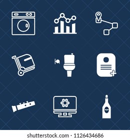 Premium set of outline, fill vector icons. Such as chart, business, laundry, location, up, glass, red, sound, navigation, profit, equipment, washer, household, setting, technology, machine, public, wc