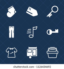 Premium set of outline, fill vector icons. Such as journey, pants, fashion, gray, striped, security, sock, door, autumn, basket, house, trousers, child, clothes, socks, kid, music, warm, baby, jersey