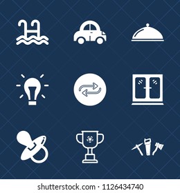 Premium set of outline, fill vector icons. Such as car, cabinet, idea, pacifier, dish, energy, automobile, infant, vehicle, automotive, baby, swim, replacement, pool, water, furniture, change, speed