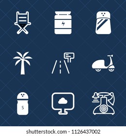 Premium set of outline, fill vector icons. Such as telephone, seat, business, furniture, bodybuilding, muscle, cycle, comfortable, spice, healthy, chair, sport, highway, decor, blank, ride, interior, 