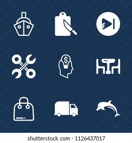 Premium set of outline, fill vector icons. Such as shipping, music, idea, business, vessel, ocean, kitchen, buy, media, sea, knife, tool, video, fork, wildlife, transport, water, food, sale, dinner