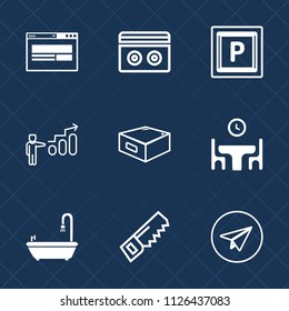Premium set of outline, fill vector icons. Such as table, motivation, website, stereo, computer, bathroom, saw, internet, drawer, zone, dinner, web, home, progress, audio, object, construction, car