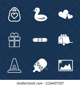 Premium set of outline, fill vector icons. Such as box, cream, bird, heart, travel, present, leather, frame, transportation, bag, step, style, wildlife, fashion, white, dessert, train, picture, sky