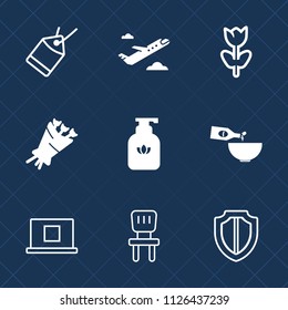 Premium set of outline, fill vector icons. Such as floral, protection, protect, plane, liquid, glass, chair, price, sign, security, transport, dinner, flight, aircraft, spring, home, sale, internet