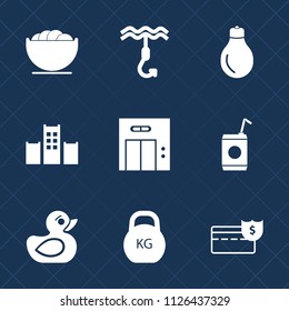 Premium set of outline, fill vector icons. Such as fishing, modern, empty, cold, idea, child, elevator, beverage, bed, drink, heavy, kilogram, plate, toy, cooking, food, weight, metal, entrance, duck