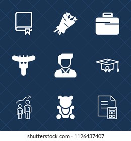 Premium set of outline, fill vector icons. Such as briefcase, bouquet, college, teddy, dinner, business, study, growth, cute, university, textbook, fluffy, floral, male, finance, success, education
