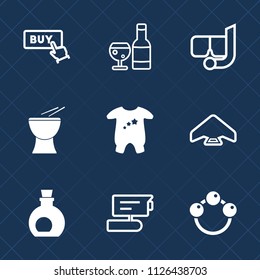 Premium set of outline, fill vector icons. Such as mediterranean, clothes, view, wineglass, music, toy, food, wine, video, percussion, jump, child, restaurant, bottle, winery, kid, water, oil, glass