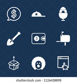 Premium set of outline, fill vector icons. Such as new, holiday, shovel, mailbox, tool, mail, wallet, sale, box, web, sign, baseball, circle, character, internet, message, tag, equipment, label, price