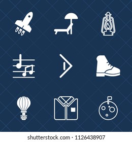 Premium set of outline, fill vector icons. Such as astronaut, oil, right, flag, parachute, sound, vintage, travel, music, sky, holiday, button, fashion, musical, white, summer, spaceship, note, metal