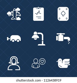 Premium set of outline, fill vector icons. Such as lamp, faucet, young, air, game, aviation, sign, medicine, home, poker, woman, aircraft, transport, play, flight, transportation, travel, water, baby