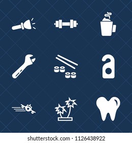 Premium set of outline, fill vector icons. Such as beverage, flashlight, healthy, airplane, privacy, electric, object, shine, drink, energy, palm, weight, departure, white, fitness, gym, spanner, hot