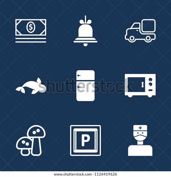 Premium set of outline, fill vector icons. Such\
as medical, lorry, notification, finance, food, doctor, microwave,\
cash, vehicle, call, street, nature, bell, concept, fridge, truck,\
oven, mushroom