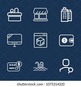 Premium set with outline icons. Such as balance, wallet, bank, event, speaker, credit, house, real, swimming, summer, shipping, public, pc, web, water, laptop, delivery, shop, card, speech, purse