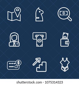 Premium set with outline icons. Such as money, swimsuit, upstairs, job, card, up, woman, success, pin, machine, summer, navigation, find, downstairs, business, city, competition, concept, chessboard