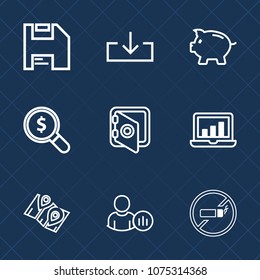 Premium set with outline icons. Such as investment, screen, bank, online, addiction, travel, finance, floppy, diskette, internet, road, money, search, safety, business, disk, banking, printer, piggy