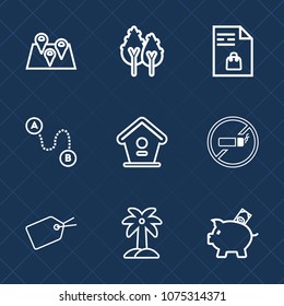 Premium set with outline icons. Such as point, palm, coin, map, destination, home, investment, pin, bird, summer, tobacco, city, road, green, list, supermarket, birdhouse, location, navigation, web
