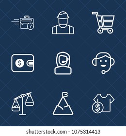 Premium set with outline icons. Such as helmet, money, headset, store, scale, balance, cart, market, purse, sky, sitting, desk, office, man, construction, professional, work, dollar, landscape, wallet