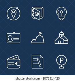 Premium set with outline icons. Such as document, vehicle, safe, construction, protection, car, bank, map, id, light, location, summer, urban, bulb, file, cash, lot, finance, blue, road, sign, wallet