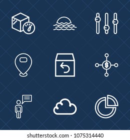 Premium set with outline icons. Such as map, morning, order, outdoor, chat, pointer, presentation, finance, nature, chart, landscape, cloud, dollar, background, concept, investment, light, return, sun