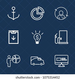 Premium set with outline icons. Such as download, man, profile, ship, graph, business, vehicle, transportation, diagram, gasoline, chart, concept, transport, van, person, traffic, businessman, people