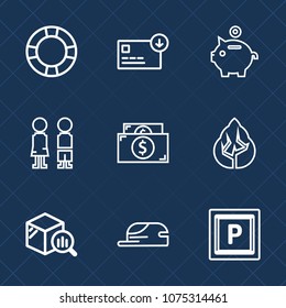 Premium set with outline icons. Such as environment, bank, transport, girl, cash, hat, bag, people, trend, swim, piggy, hand, float, road, dollar, finance, money, report, travel, tree, pool, fashion