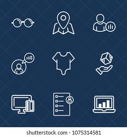 Premium set with outline icons. Such as map, freelancer, bodysuit, profile, fashion, eyeglasses, card, cute, internet, job, view, work, frame, pin, girl, web, document, status, screen, delivery, box