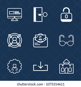 Premium set with outline icons. Such as tower, padlock, architecture, castle, target, exit, door, sun, business, customer, targeting, post, download, account, emergency, escape, concept, internet, web