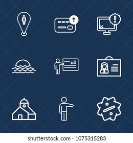 Premium set with outline icons. Such as monitor, nature, pc, pin, label, businessman, morning, woman, computer, display, finance, money, building, sky, discount, bank, sign, landscape, desktop, female