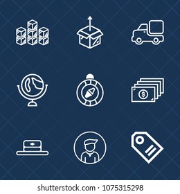 Premium set with outline icons. Such as cap, global, factory, compass, storehouse, man, price, truck, industrial, label, distribution, direction, unpacking, south, east, white, cash, money, vehicle