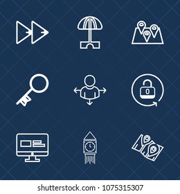 Premium set with outline icons. Such as tower, road, sign, media, pin, vacation, summer, holiday, place, sun, safe, open, player, rewind, umbrella, lock, direction, location, ben, parasol, clock, door
