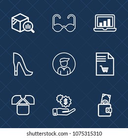 Premium set with outline icons. Such as economy, bar, supermarket, female, graph, sun, glasses, trend, woman, elegant, computer, tshirt, boy, finance, shoe, man, shirt, shopping, logistics, statistic