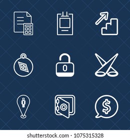 Premium set with outline icons. Such as business, north, currency, south, east, circle, price, unlock, tag, scene, travel, downstairs, location, up, direction, badge, banner, security, pin, down, lock