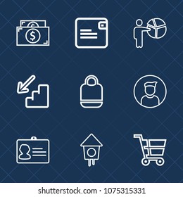 Premium set with outline icons. Such as modern, coin, profile, purse, businesswoman, id, bird, sign, trolley, people, down, bag, cash, money, downstairs, name, up, upstairs, wallet, internet, retail