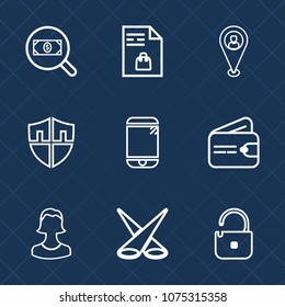 Premium set with outline icons. Such as scene, finance, cash, shield, shopping, profile, navigation, light, technology, grocery, note, protect, purse, store, business, security, avatar, sign, market