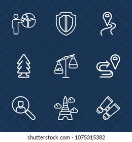 Premium set with outline icons. Such as protect, scale, businessman, weight, landmark, businesswoman, guard, paris, security, sign, account, web, map, tower, search, navigation, meeting, forest, gps