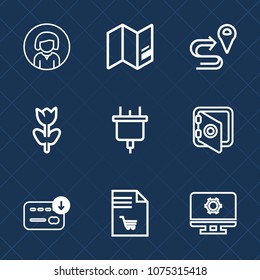 Premium set with outline icons. Such as business, electric, flower, woman, notebook, sack, navigation, electricity, female, finance, list, market, floral, banking, beautiful, plug, earth, road, nature