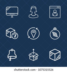 Premium set with outline icons. Such as head, social, cardboard, north, human, unpacking, refreshment, packaging, business, east, user, weight, travel, west, bell, map, profile, compass, summer, box