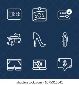 Premium set with outline icons. Such as female, male, call, car, shorts, sack, sign, currency, rescue, wear, style, man, template, white, label, safe, protection, finance, boy, sos, banking, security