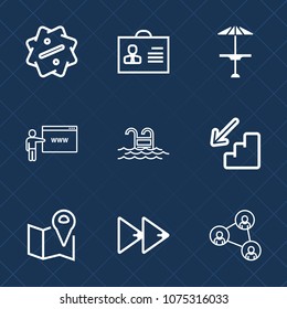 Premium set with outline icons. Such as business, person, player, pin, travel, label, summer, female, tag, communication, people, web, discount, map, upstairs, display, sale, profile, technology, pub