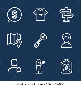 Premium set with outline icons. Such as poster, tshirt, ocean, disturb, frame, t-shirt, travel, web, key, location, map, human, internet, typography, person, tag, print, hanger, house, door, water
